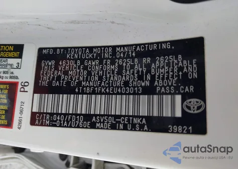 2014 Toyota Camry Le from USA, damaged, VIN 4T1BF1FK4EU403013